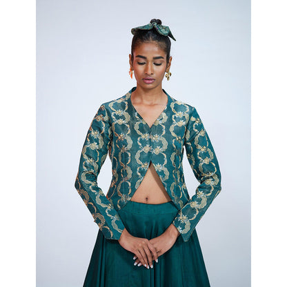 RAAG SUTRA Silk Bottle Teal Jacket with Lehenga (Set of 2)