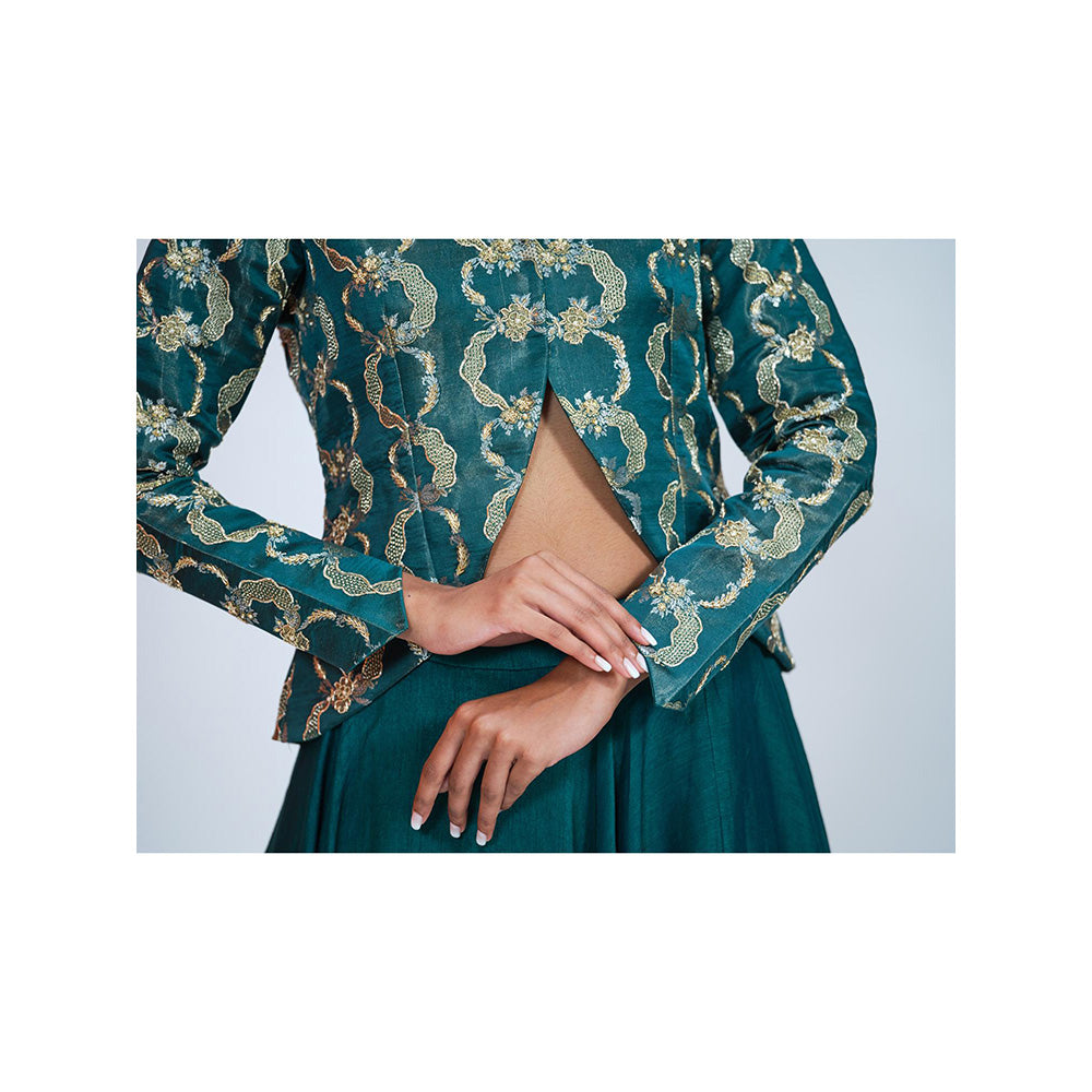 RAAG SUTRA Silk Bottle Teal Jacket with Lehenga (Set of 2)
