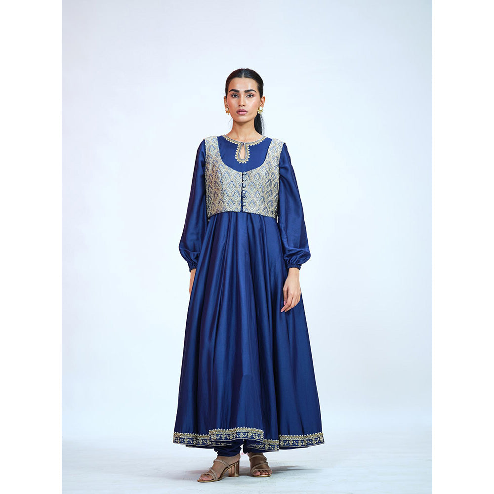 RAAG SUTRA Royal Blue Silk Anarkali Kurta with Jacket and Churidar (Set of 3)