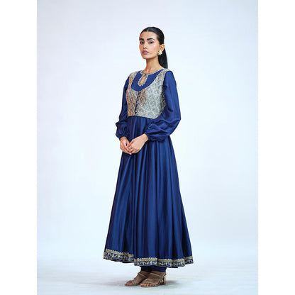 RAAG SUTRA Royal Blue Silk Anarkali Kurta with Jacket and Churidar (Set of 3)