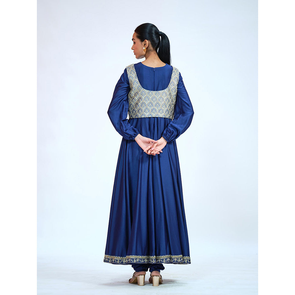 RAAG SUTRA Royal Blue Silk Anarkali Kurta with Jacket and Churidar (Set of 3)