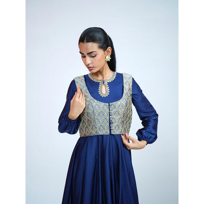 RAAG SUTRA Royal Blue Silk Anarkali Kurta with Jacket and Churidar (Set of 3)