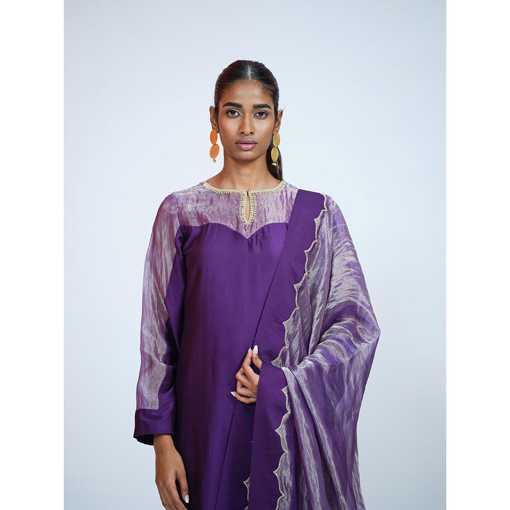 RAAG SUTRA Purple Tissue Kurta with Palazzo and Dupatta (Set of 3)