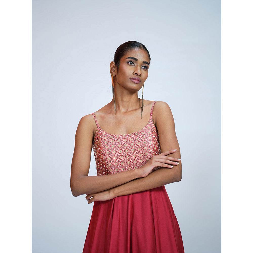 RAAG SUTRA Cherry Red Anarkali Kurta with Churidar and Dupatta (Set of 3)