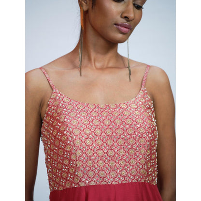 RAAG SUTRA Cherry Red Anarkali Kurta with Churidar and Dupatta (Set of 3)