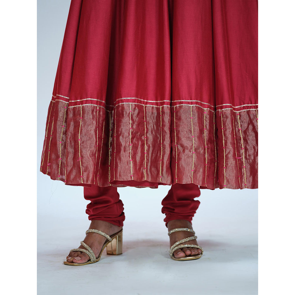 RAAG SUTRA Cherry Red Anarkali Kurta with Churidar and Dupatta (Set of 3)
