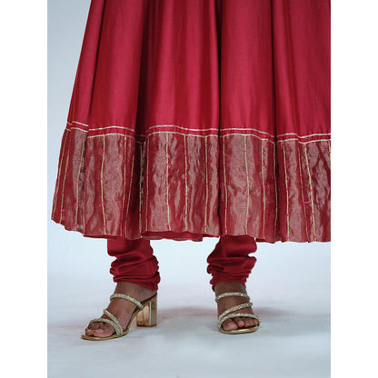 RAAG SUTRA Cherry Red Anarkali Kurta with Churidar and Dupatta (Set of 3)