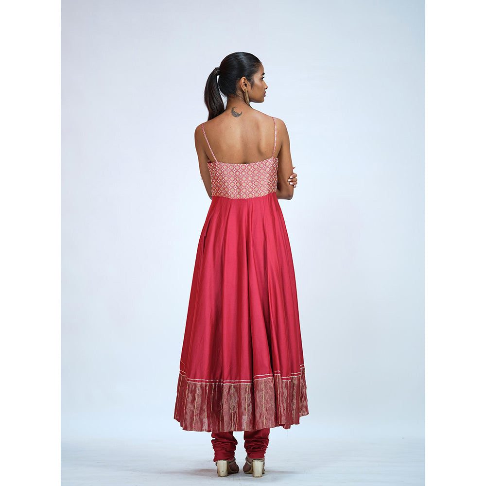 RAAG SUTRA Cherry Red Anarkali Kurta with Churidar and Dupatta (Set of 3)