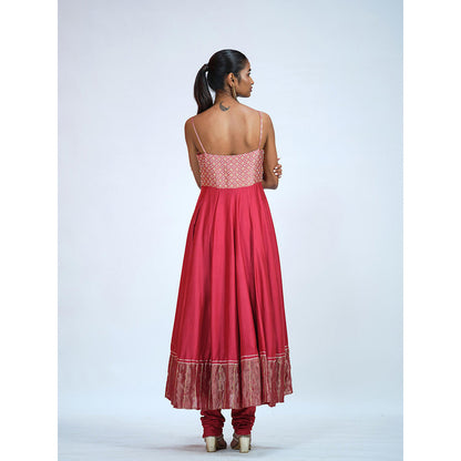 RAAG SUTRA Cherry Red Anarkali Kurta with Churidar and Dupatta (Set of 3)