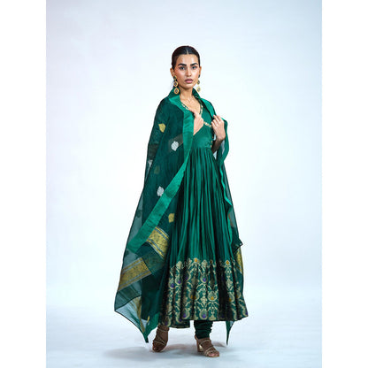 RAAG SUTRA Green Silk Brocade Anarkali Kurta with Churidar and Dupatta (Set of 3)