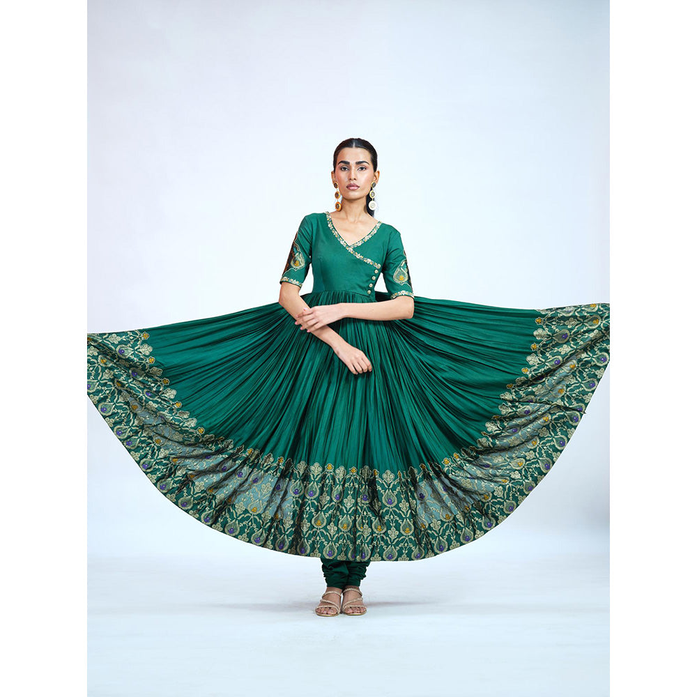 RAAG SUTRA Green Silk Brocade Anarkali Kurta with Churidar and Dupatta (Set of 3)