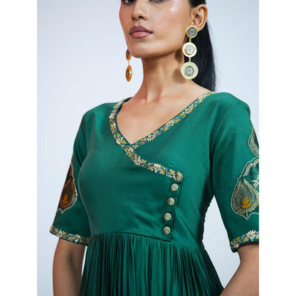 RAAG SUTRA Green Silk Brocade Anarkali Kurta with Churidar and Dupatta (Set of 3)