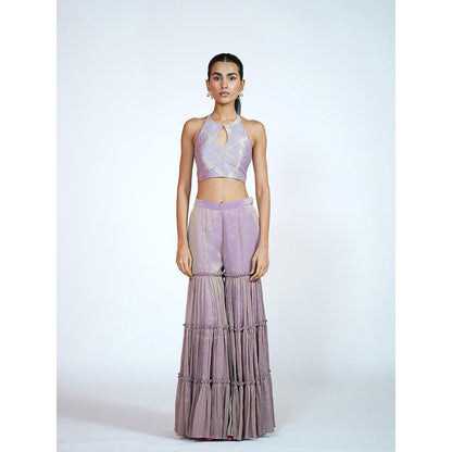 RAAG SUTRA Lavender Brocade Tissue Sharara with Crop Top (Set of 2)