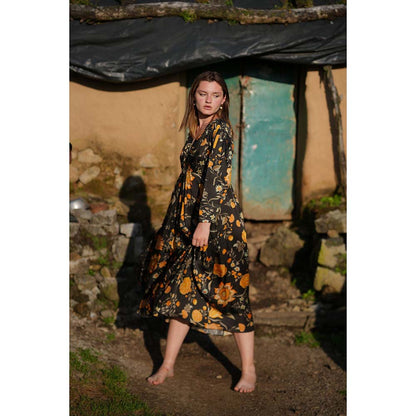 Raas Life Shringara Jhilmil Black Floral Midi Dress