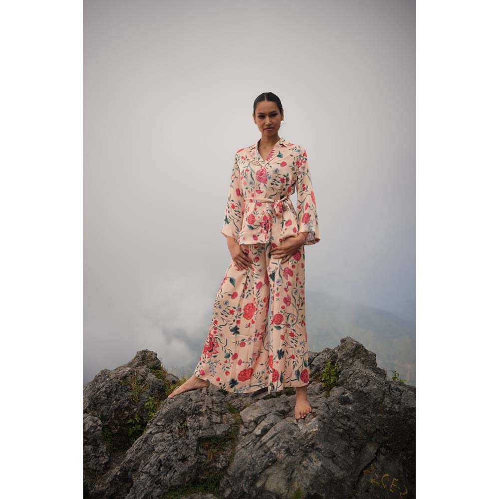 Raas Life Gauri Peach Floral Shirt & Palazzo with Belt (Set of 3)