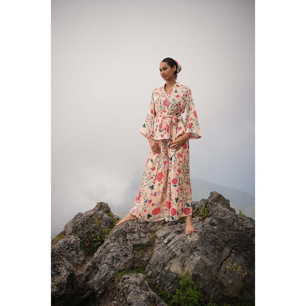 Raas Life Gauri Peach Floral Shirt & Palazzo with Belt (Set of 3)