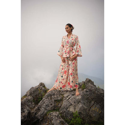 Raas Life Gauri Peach Floral Shirt & Palazzo with Belt (Set of 3)