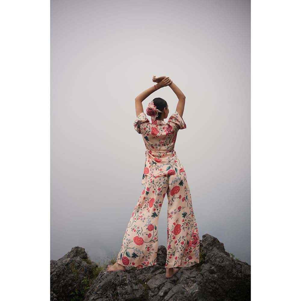 Raas Life Gauri Peach Floral Shirt & Palazzo with Belt (Set of 3)