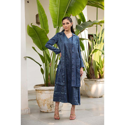 Raas Life Navy Blue Koki Stripes Slip Dress with Jacket (Set of 2)