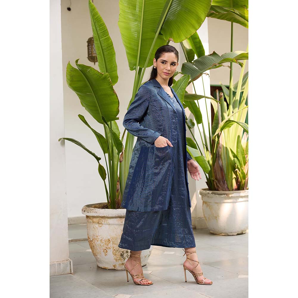 Raas Life Navy Blue Koki Stripes Slip Dress with Jacket (Set of 2)