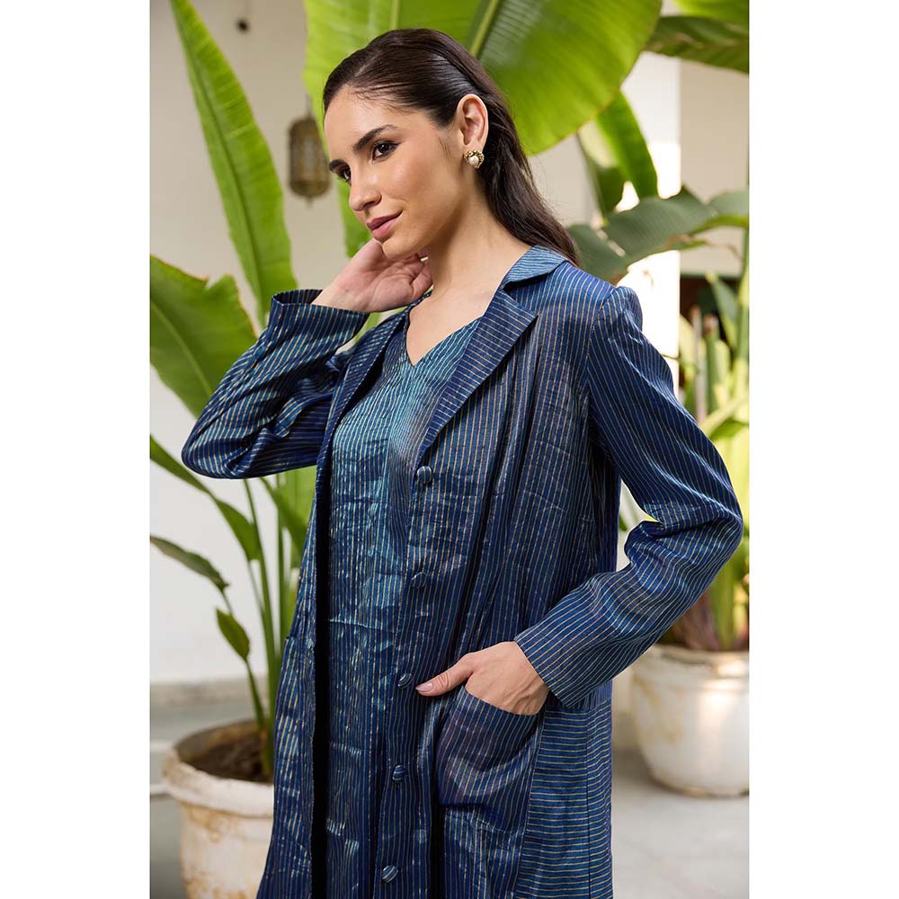 Raas Life Navy Blue Koki Stripes Slip Dress with Jacket (Set of 2)