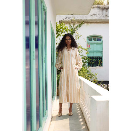 Raas Life Cream Shaha Stripes Shirt Style Dress
