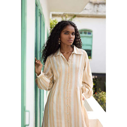 Raas Life Cream Shaha Stripes Shirt Style Dress