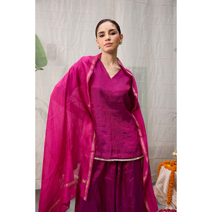 Raas Life Amala Magenta Zari Chanderi Kurta with Palazzo and Dupatta (Set of 2)