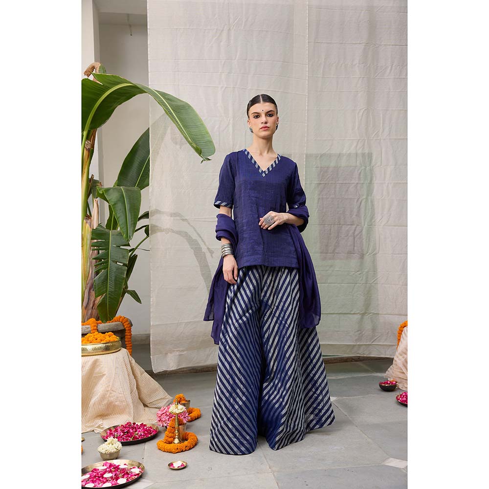 Raas Life Amala Blue Zari Chanderi Kurta with Palazzo and Dupatta (Set of 2)