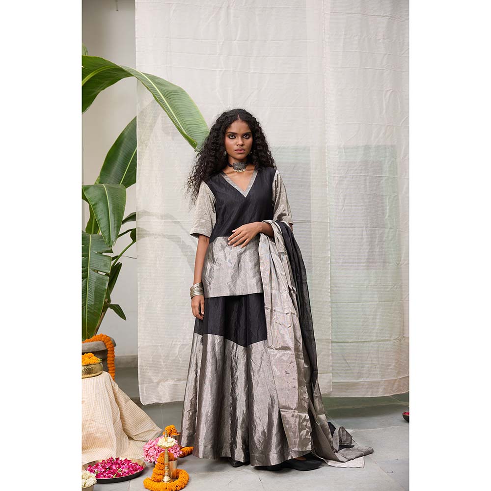 Raas Life Amala Black Zari Chanderi Kurta with Palazzo and Dupatta (Set of 2)