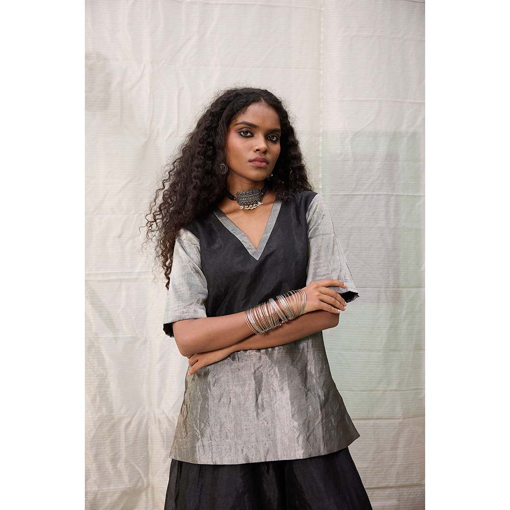 Raas Life Amala Black Zari Chanderi Kurta with Palazzo and Dupatta (Set of 2)