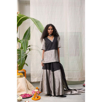 Raas Life Amala Black Zari Chanderi Kurta with Palazzo and Dupatta (Set of 2)