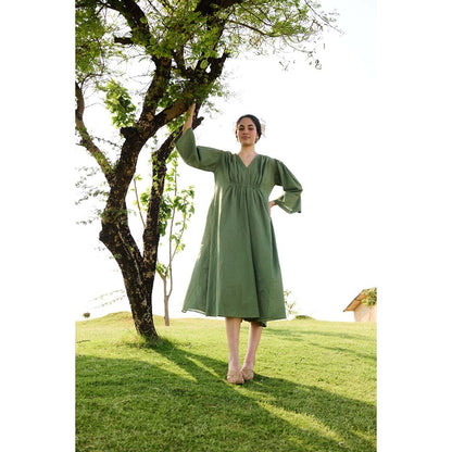 Raas Life Green Shringara Checks Print Dress