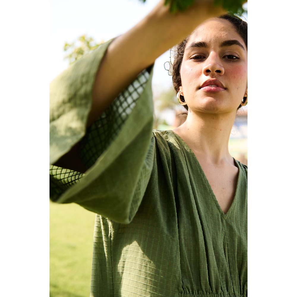 Raas Life Green Shringara Checks Print Dress