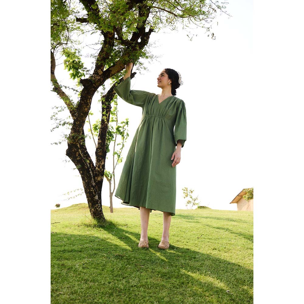 Raas Life Green Shringara Checks Print Dress
