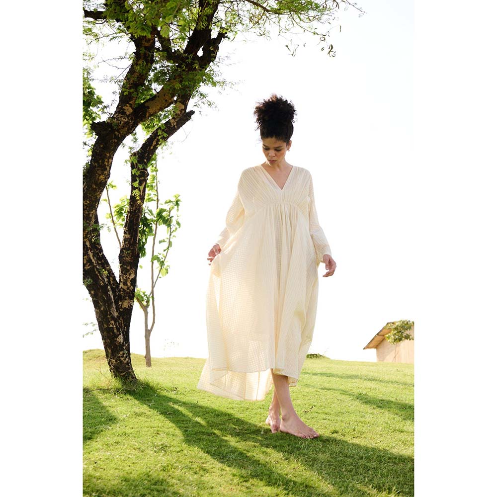 Raas Life Off White Shri Checks Print Dress