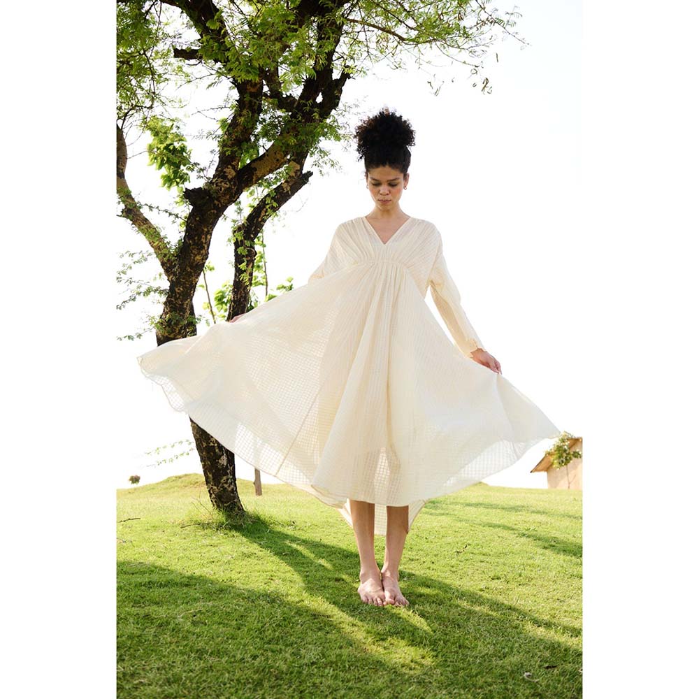 Raas Life Off White Shri Checks Print Dress
