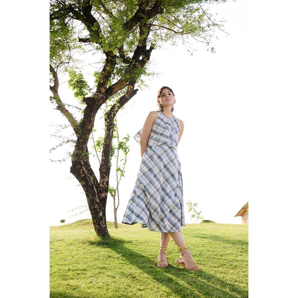Raas Life Blue Camellia Checks Dress