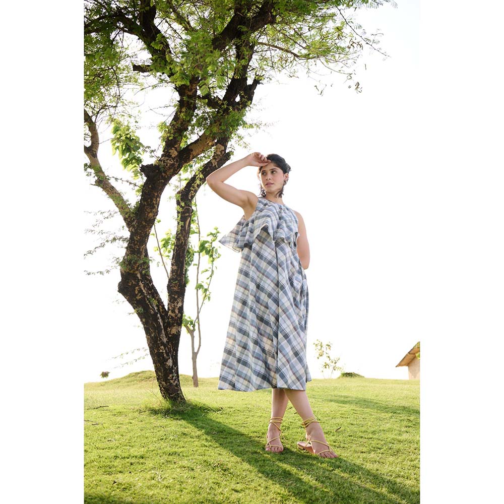 Raas Life Blue Camellia Checks Dress