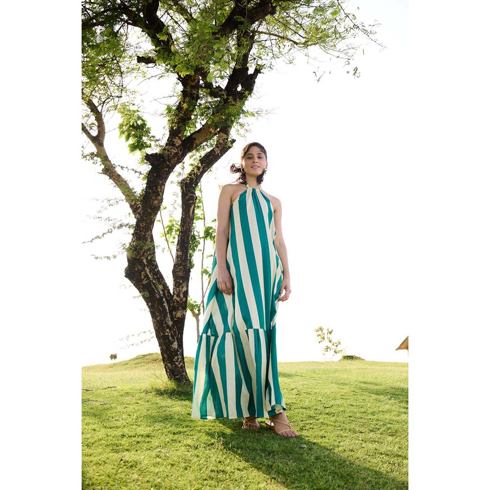 Raas Life Green Birds Of Paradise Stripe Halter Neck Dress