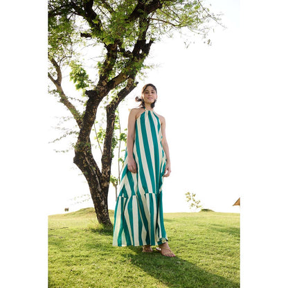 Raas Life Green Birds Of Paradise Stripe Halter Neck Dress