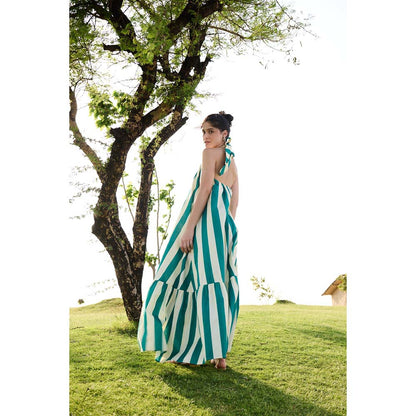 Raas Life Green Birds Of Paradise Stripe Halter Neck Dress