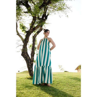 Raas Life Green Birds Of Paradise Stripe Halter Neck Dress
