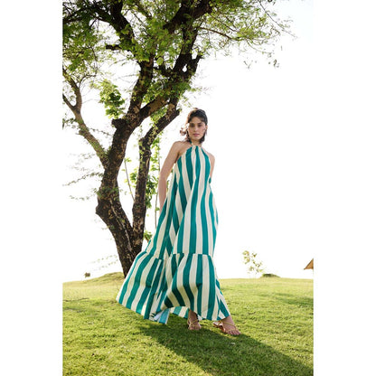Raas Life Green Birds Of Paradise Stripe Halter Neck Dress
