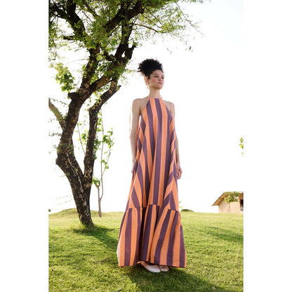 Raas Life Orange Birds Of Paradise Stripe Halter Neck Dress