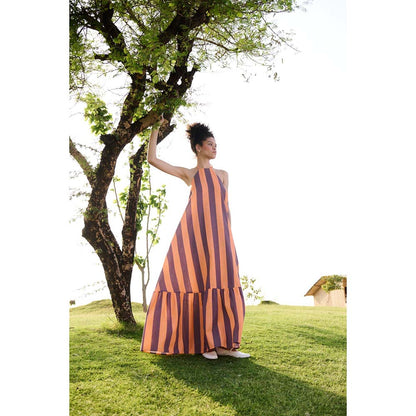 Raas Life Orange Birds Of Paradise Stripe Halter Neck Dress