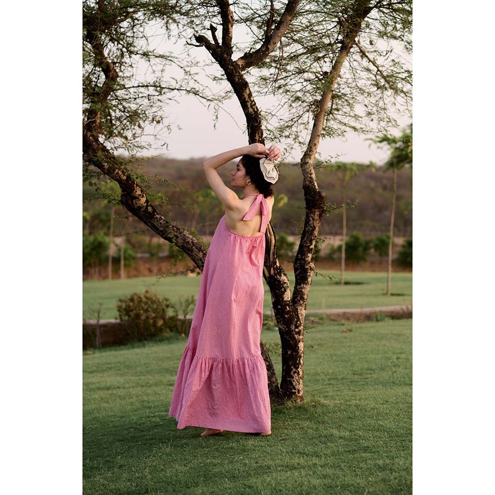 Raas Life Red Birds Of Paradise Checks Halter Neck Dress