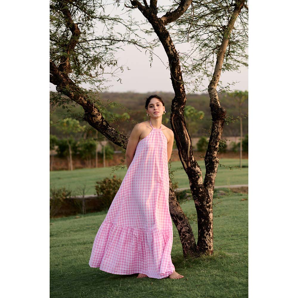 Raas Life Pink Birds Of Paradise Checks Halter Neck Dress