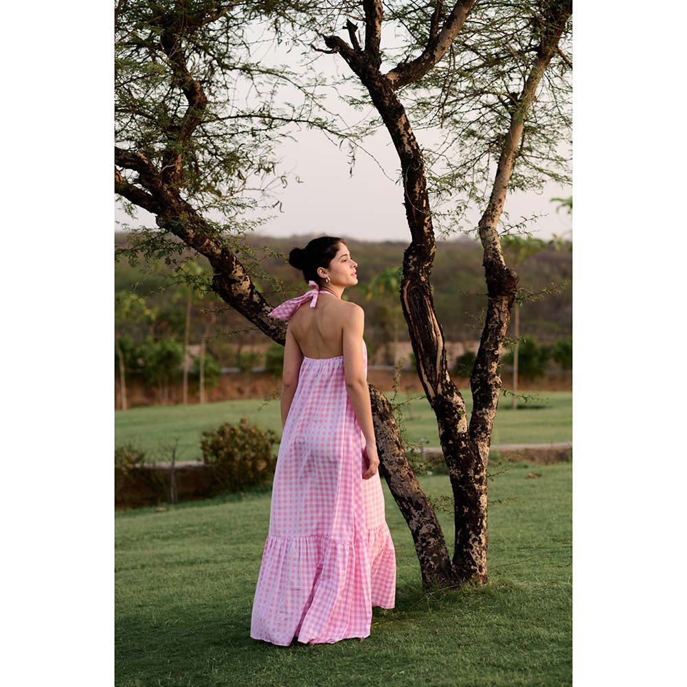 Raas Life Pink Birds Of Paradise Checks Halter Neck Dress