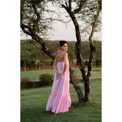Raas Life Pink Birds Of Paradise Checks Halter Neck Dress